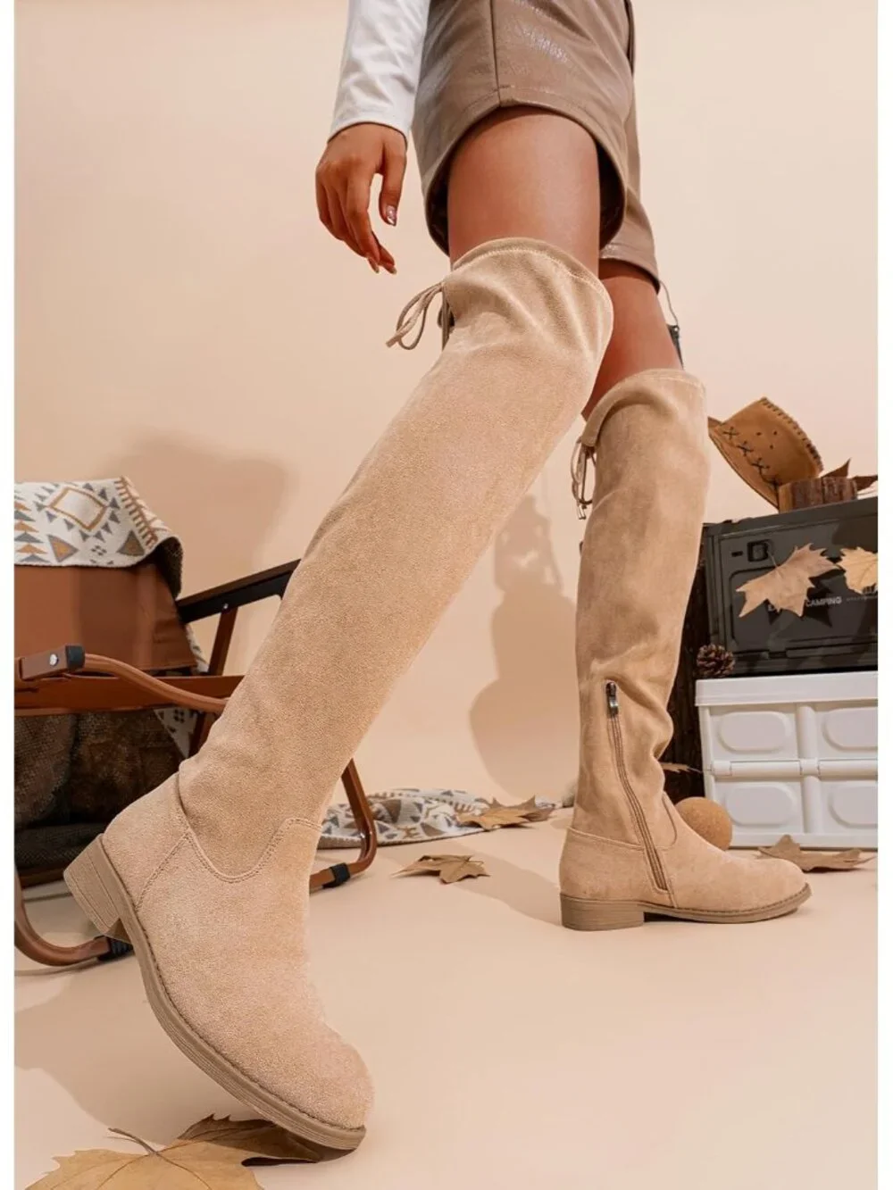 Women's Sand Synthetic Suede Side Zipper Flat Heel Stretch Over The Knee Boots